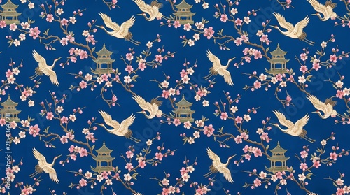 Seamless oriental pattern featuring graceful flying cranes, blossoming cherry trees with pink flowers, and traditional Asian pagodas set against a solid dark blue background.
