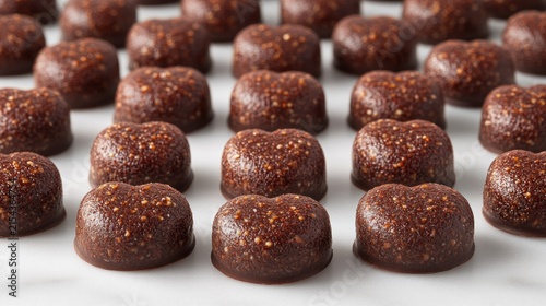 Heart-shaped, dark chocolate treats arranged in a grid pattern on a white surface