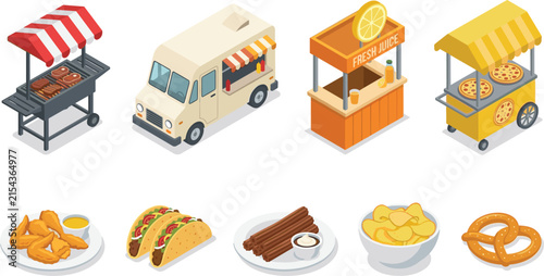 Isometric Street Food Truck and Catering Kiosk Set with Juice Stall, Pizza Cart, BBQ Grill, Tacos, Churros, and Pretzels Vector Illustration