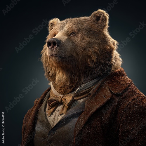 Humanoid bear dressed in vintage clothing with serious expression, detailed fur and attire, dark background, symbolic costume portrait