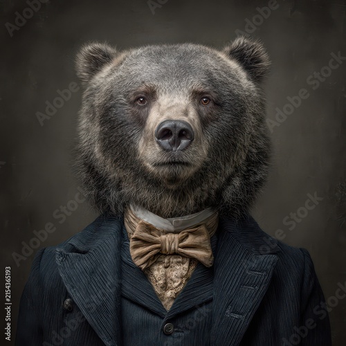 Anthropomorphic bear dressed in formal suit with bow tie, portrait, wildlife or animal fashion concept