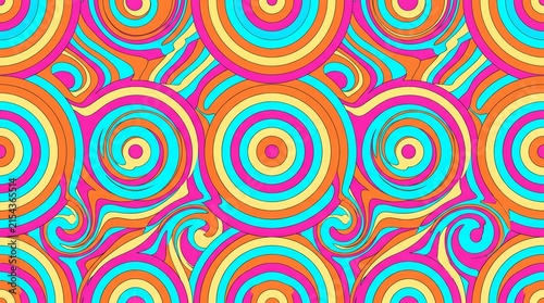 vibrant psychedelic pattern featuring optical illusions with repeating concentric circles and swirling colorful waves in bright pink, turquoise blue, orange, and yellow.