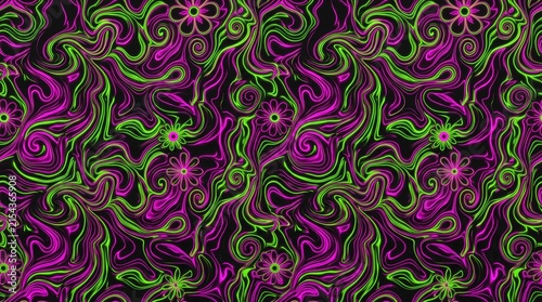 vibrant digital pattern featuring psychedelic neon swirls and retro floral shapes in bright pink and green colors against a dark background.