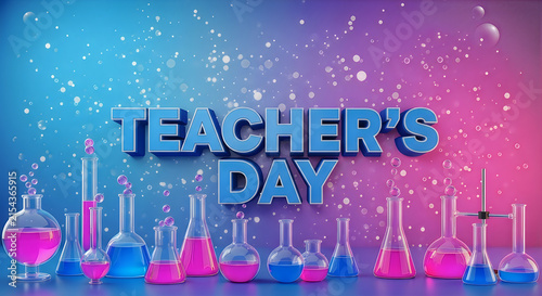Teachers day celebration with science beakers and colorful bubbles on a blue background