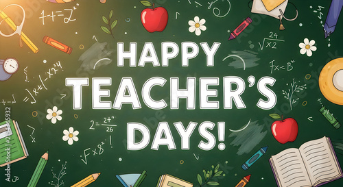 Happy teachers day illustration with school supplies and mathematical equations on green chalkboard