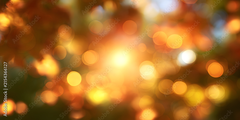 Fototapeta premium An abstract nature scene during the fall season, blurred out with multiple bokeh effects and a prominent bright center, framed by a soft vignette border. Artificially generated.