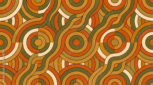 Retro Geometric Pattern Background with Concentric Circles and Wavy Lines