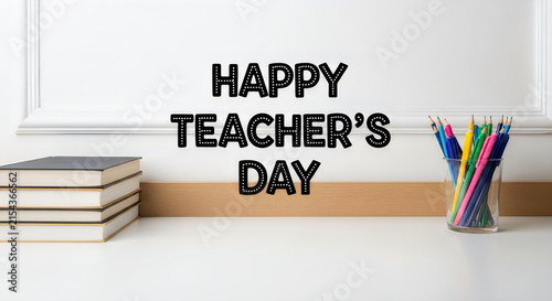 Happy Teachers Day message with books and colorful pencils on a white surface