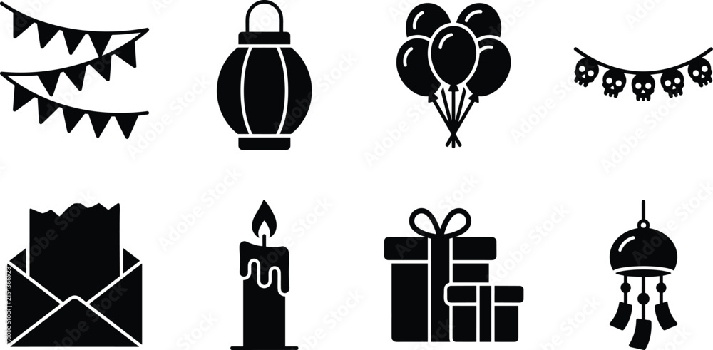 Naklejka premium Celebration silhouettes of party banners, lantern, balloons, skull garland, envelope, candle, gift boxes, and wind chime