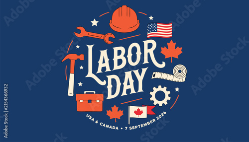 фотографія Decorative labor day emblem featuring construction tools and national country fl