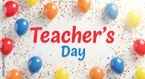 Colorful balloons and confetti with a teachers day greeting for celebratory occasions