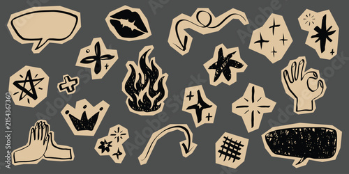 Scrapbook paper cutouts featuring hand drawn hearts, sparkles, and lightning bolts. Y2K aesthetic sticker elements perfect for journals, notebooks, and vintage collages. Doodle vector illustration