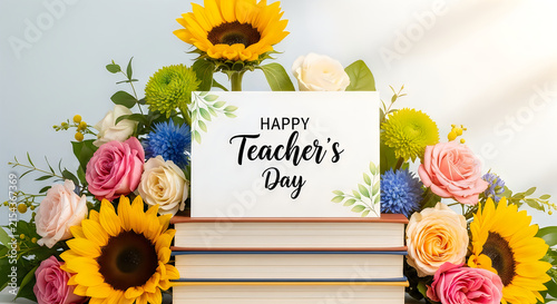 Happy Teachers Day greeting with sunflowers roses and books on a light background