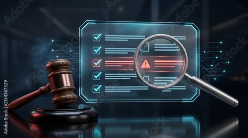 Wooden gavel next to a magnifying glass inspecting a glowing digital checklist with an error warning. Concept of legal compliance audit and regulatory risk assessment.