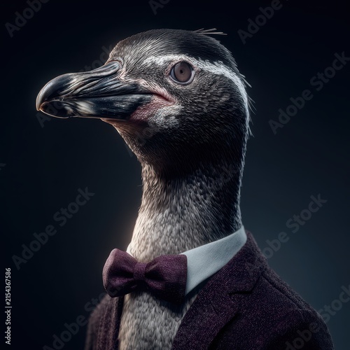 Elegant penguin dressed in formalwear with bow tie, close-up portrait against dark background