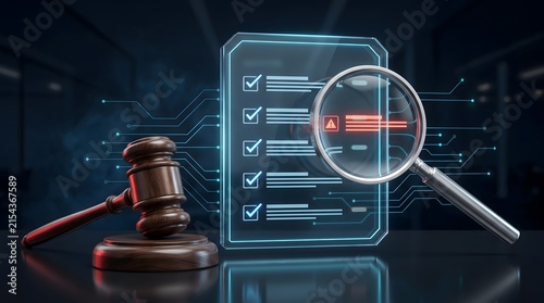 Wooden gavel and magnifying glass inspecting glowing digital checklist with red error warning. Concept of legal compliance audit and regulatory risk assessment.