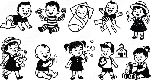 Happy children activities, cute kids character collection, cartoon vector illustrations for education and childhood development themes