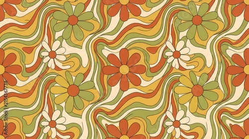 Retro hippie daisy pattern with groovy wavy lines in vintage 1970s style