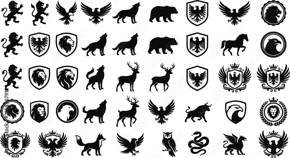 Obraz premium Heraldic Animal and Wildlife Silhouette Icon Set with Lions Eagles Wolves Bears Deers Shields and Royal Premium Crest Emblem Symbols for Brand Logo