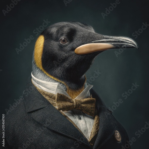Elegant penguin dressed in formal suit with bow tie, close-up portrait against dark background