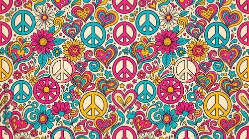 Retro peace symbols and flowers seamless pattern with vibrant sixties hippie art style