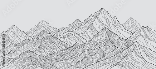 Minimalist mountain range line art, hand drawn peaks in topographic style, gray scale mountain landscape vector for outdoor branding