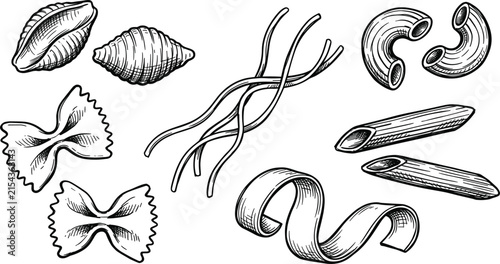 Fotografie Traditional Italian pasta varieties hand drawn sketch set including farfalle pen