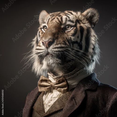 Elegant tiger with tuxedo and bow tie in studio portrait, realistic animal photography, majestic feline with sophisticated attire