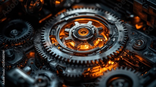 Intricate gears and mechanisms glowing orange