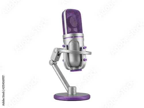 Purple condenser microphone on a silver stand for professional audio recording and podcasting