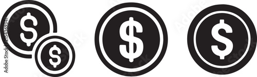 Dollar coins collection, simple black round money symbols with currency signs for banking use