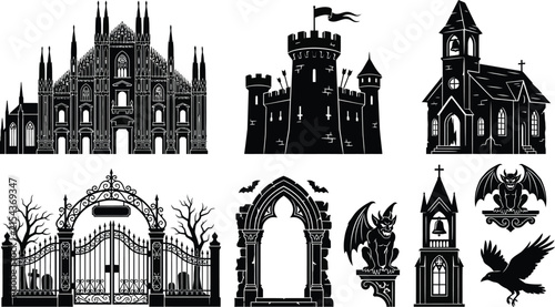 Bild auf Leinwand Gothic architecture silhouettes on a white background