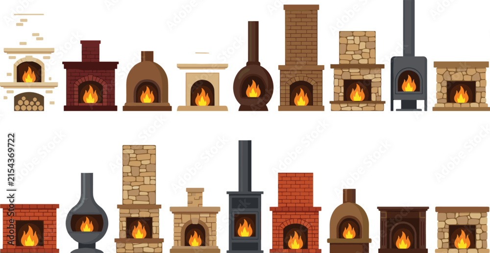 Fototapeta premium Diverse fireplace icon set featuring indoor fireplaces, fire pits, home heating, chimney designs and cozy interior symbols vector illustration
