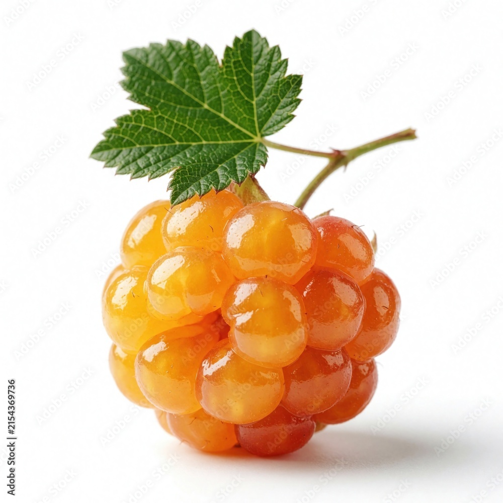 Obraz premium Fresh orange cloudberry fruit with green leaf on white background. Ripe wild berry looks juicy, delicious. Healthy organic summer food for dessert healthy snack. Natural vitamin rich berry from