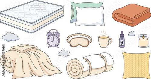 Healthy Sleep and Bedroom Comfort Icon Set with Mattress Pillows Blanket Quilt Alarm Clock Eye Mask Essential Oil and Candle Vector Illustrations