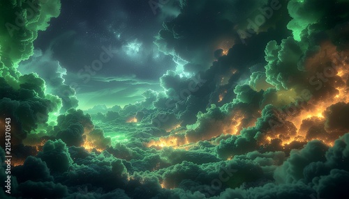 Background featuring vibrant green sparks, smoke effects, and magical fire particles. A design incorporating dark clouds and abstract fog, suitable for a Halloween night frame. An illustration of gree