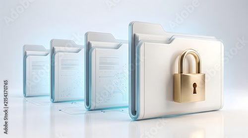 Row of white digital file folders with printed circuit patterns and golden padlock. Concept of confidential data protection and digital archiving.