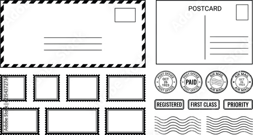 Vintage postal mail set with airmail envelope and postcard. Retro postage stamps and rubber stamp marks. Minimalist black and white vector mail elements.
