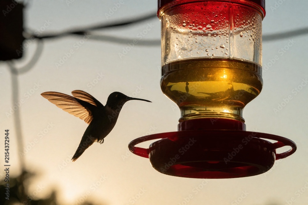 Naklejka premium Tiny hummingbird hovers near red feeder, wings blurred in flight. Bird sips sweet liquid nectar from container, backlit by soft sunset glow. Small wild creature prepares for night.
