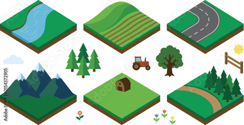 Isometric Nature and Farm Map Builder Vector Set with 3D Ground Tiles of Rivers, Roads, Fields, Mountains, Barns, and Trees