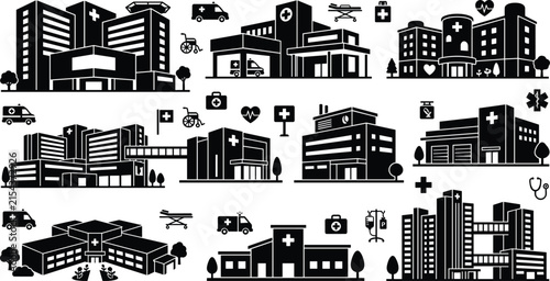 Hospital Silhouette Vector Set Featuring Medical Centers, Clinics, Emergency Hospitals, Healthcare Facilities, Children's Hospitals and Urban Medical Building Icons