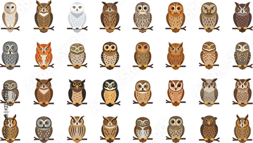 Comprehensive flat vector collection of different owl species with names isolated on a white background design