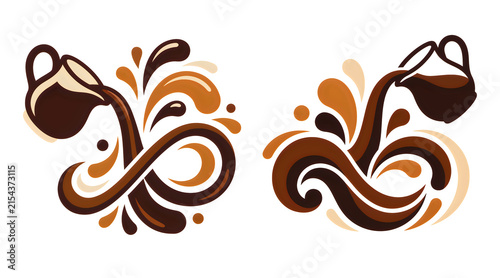 Coffee pouring from a cup with artistic liquid splashes