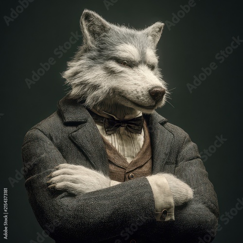 Elegant anthropomorphic wolf dressed in formal suit with crossed arms and confident expression