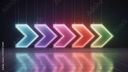 Neon glowing arrow signs hanging from ceiling in dark futuristic interior.