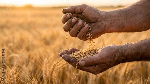 Farmer hands holding golden wheat grains in a sunny field at harvest time