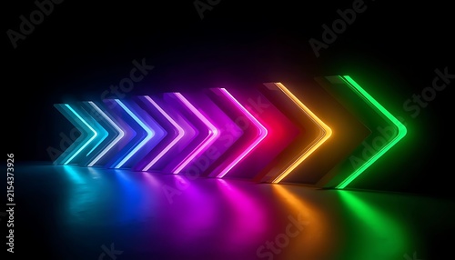 Neon glowing colorful right arrows on dark background representing progress.