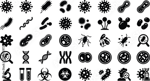 Microorganism Icon Vector Set Featuring Bacteria, Viruses, Germs, DNA, Laboratory, Cell Biology, Infection and Scientific Research Symbols