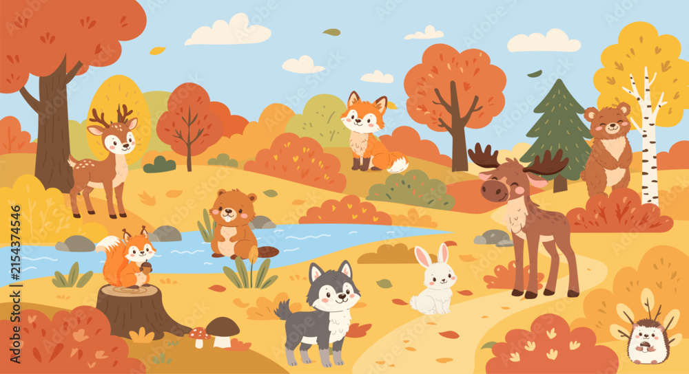 Naklejka premium Vector illustrations of woodland animals in an autumn forest with fox, deer, bear, moose, wolf, squirrel, rabbit, hedgehog and beaver. Perfect for nursery decor, kids prints, books and classroom