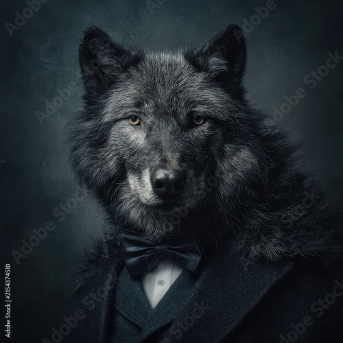 Elegant wolf dressed in tuxedo with bow tie, human-like animal portrait, dark background, sophisticated canine fashion, wildlife art